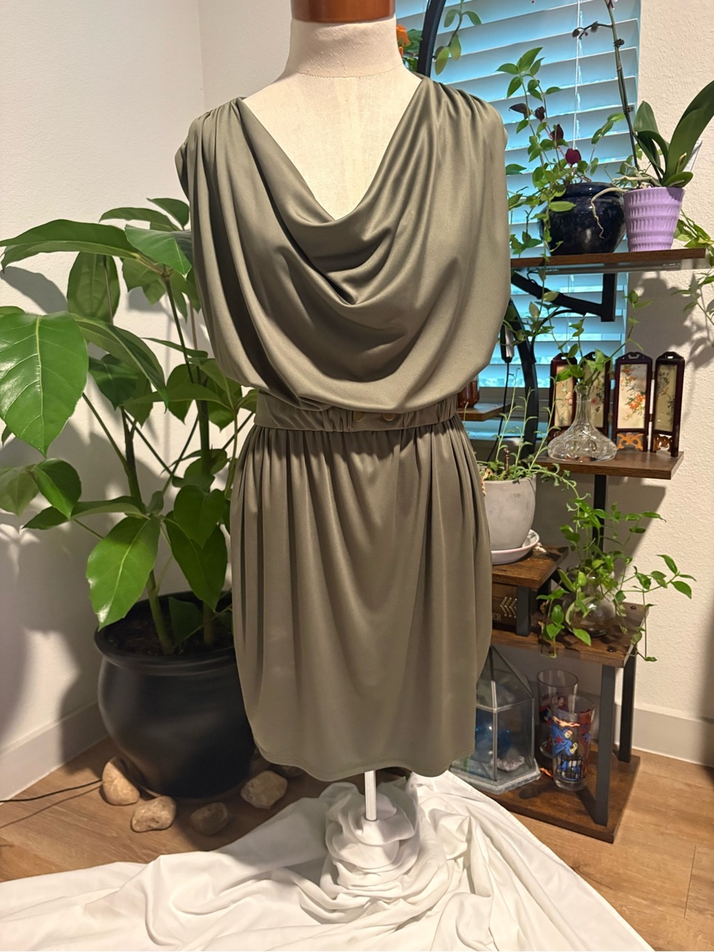 RACHEL Rachel Roy Draped Cowl-Neck Mini Dress in Olive Cinched Waistband NWOT